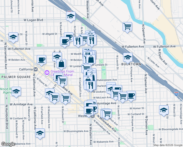 map of restaurants, bars, coffee shops, grocery stores, and more near 2157 North Western Avenue in Chicago