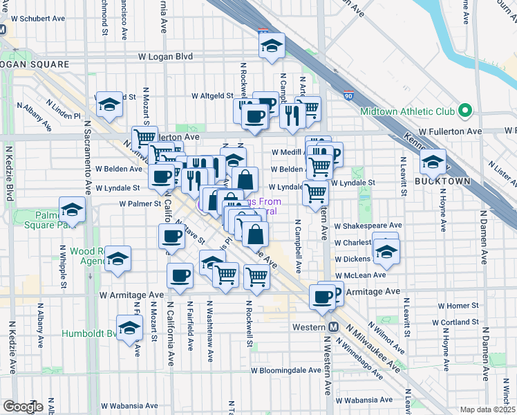 map of restaurants, bars, coffee shops, grocery stores, and more near 2208 North Maplewood Avenue in Chicago
