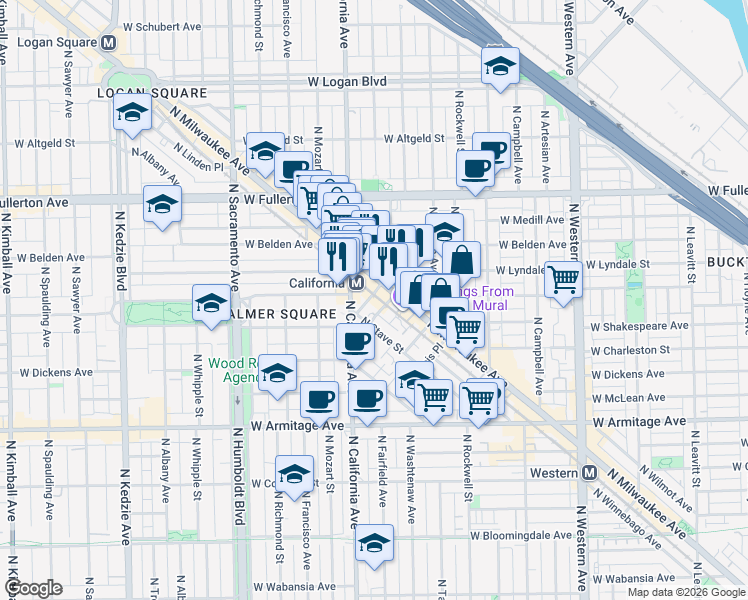 map of restaurants, bars, coffee shops, grocery stores, and more near 2262 North Milwaukee Avenue in Chicago