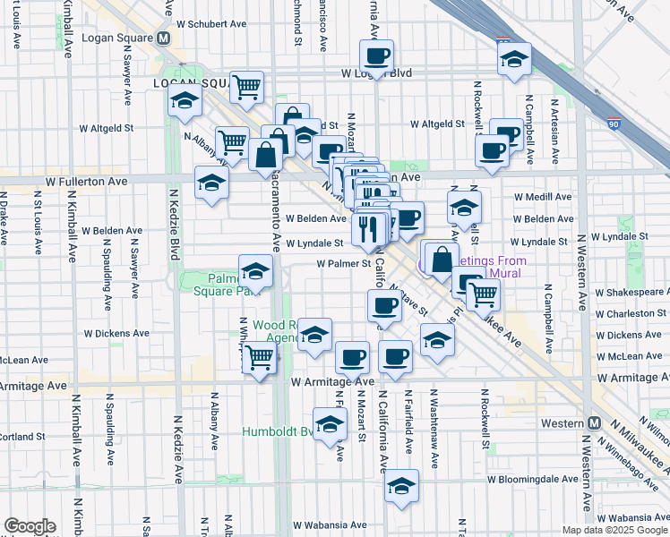 map of restaurants, bars, coffee shops, grocery stores, and more near 2842 West Palmer Street in Chicago