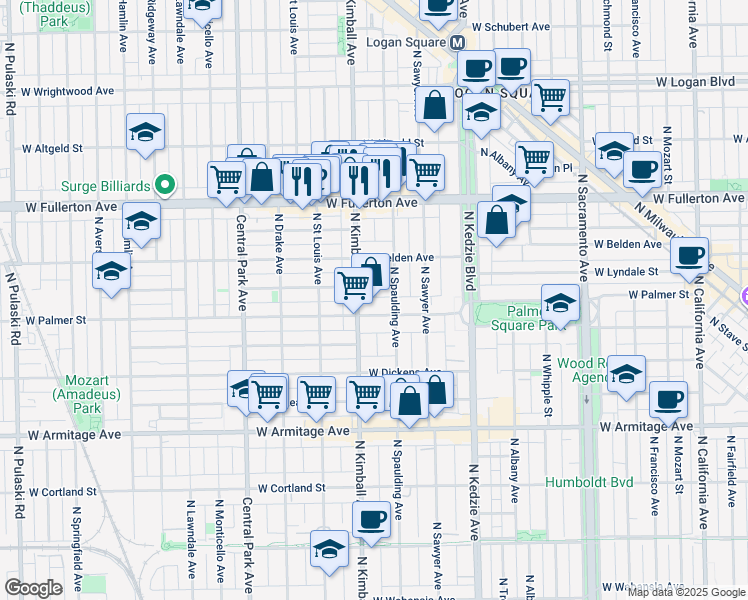 map of restaurants, bars, coffee shops, grocery stores, and more near 2234 North Spaulding Avenue in Chicago