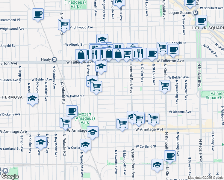 map of restaurants, bars, coffee shops, grocery stores, and more near 3714 West Lyndale Street in Chicago