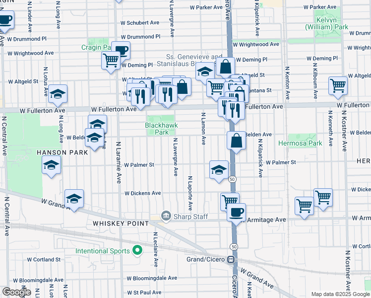 map of restaurants, bars, coffee shops, grocery stores, and more near 2246 North Laporte Avenue in Chicago