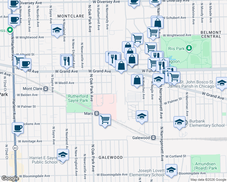 map of restaurants, bars, coffee shops, grocery stores, and more near 2325 North Normandy Avenue in Chicago