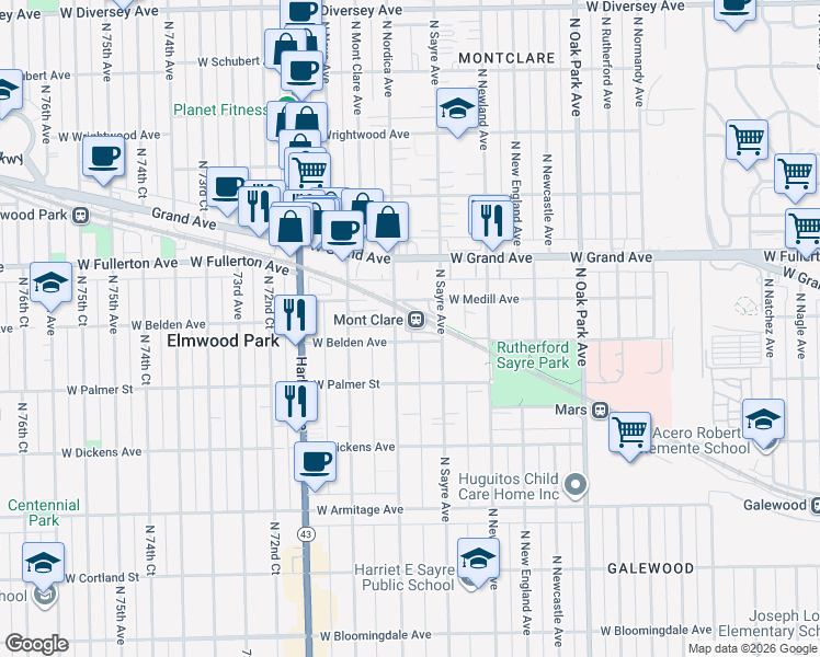 map of restaurants, bars, coffee shops, grocery stores, and more near 2319 North Nordica Avenue in Chicago