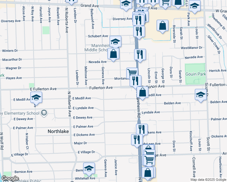 map of restaurants, bars, coffee shops, grocery stores, and more near 10512 West Fullerton Avenue in Melrose Park