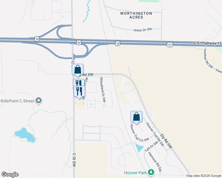map of restaurants, bars, coffee shops, grocery stores, and more near 1517 Wheatland Court Southwest in Cedar Rapids