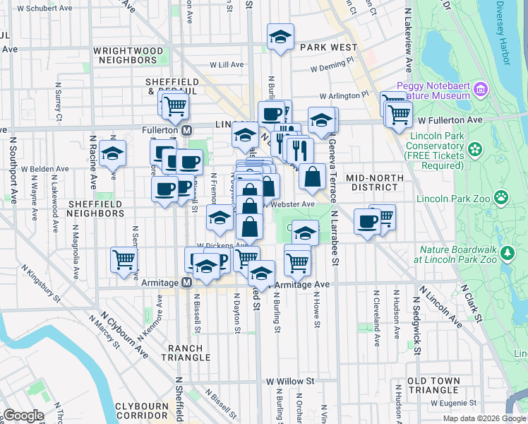 map of restaurants, bars, coffee shops, grocery stores, and more near 2145 North Halsted Street in Chicago