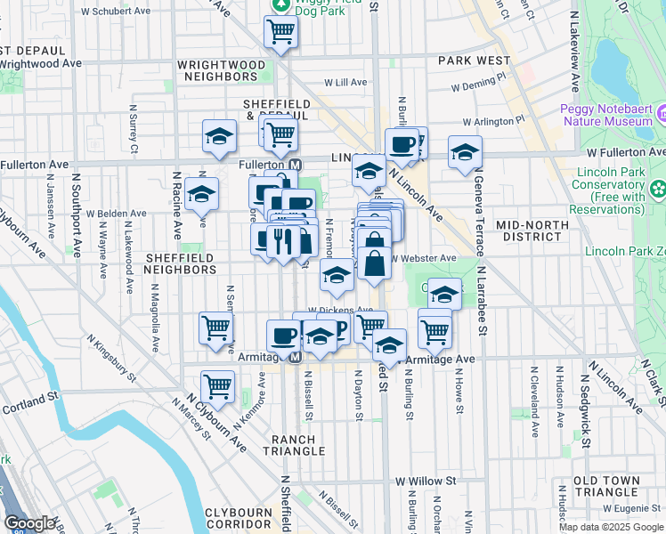 map of restaurants, bars, coffee shops, grocery stores, and more near 2149 North Fremont Street in Chicago