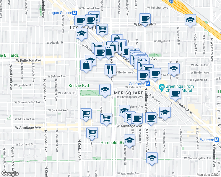 map of restaurants, bars, coffee shops, grocery stores, and more near in Chicago