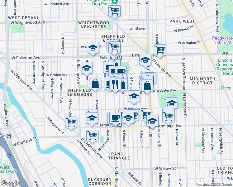 map of restaurants, bars, coffee shops, grocery stores, and more near 940 West Webster Avenue in Chicago