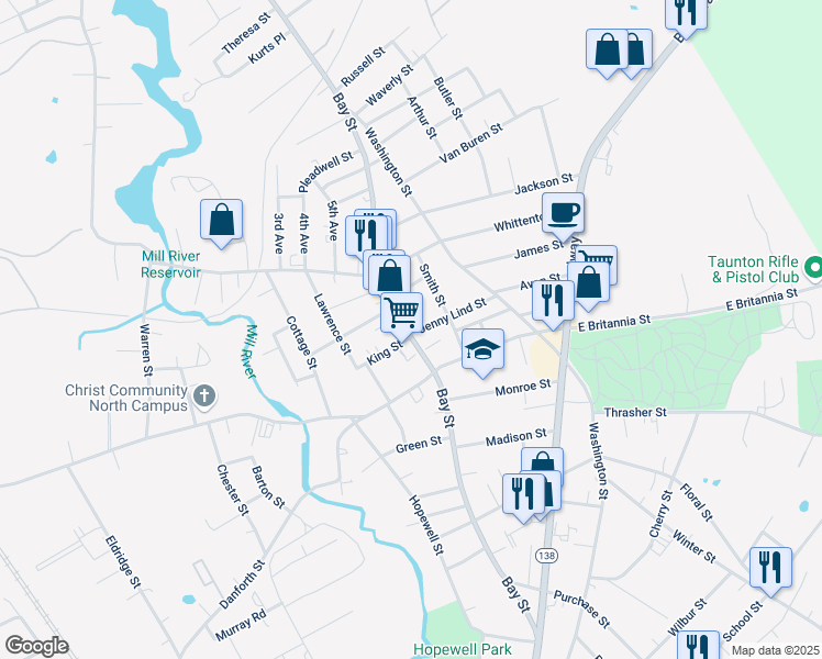 map of restaurants, bars, coffee shops, grocery stores, and more near 375 Bay Street in Taunton