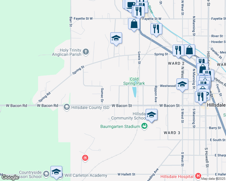 map of restaurants, bars, coffee shops, grocery stores, and more near 115 Cold Springs Circle in Hillsdale