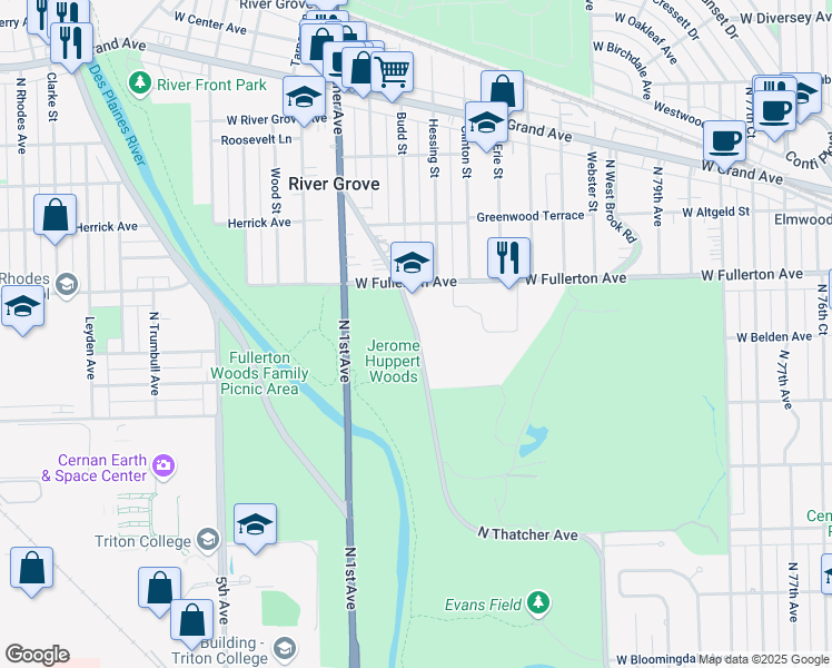 map of restaurants, bars, coffee shops, grocery stores, and more near 2632 Thatcher Avenue in Elmwood Park