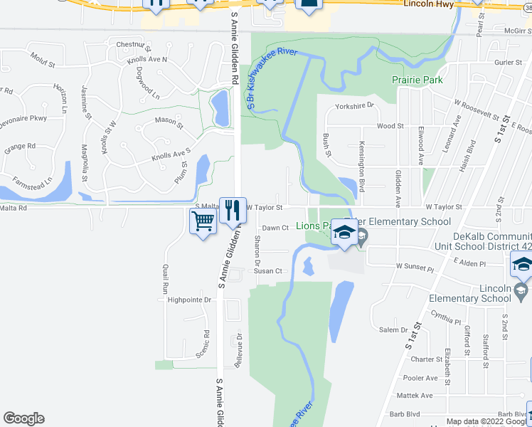 map of restaurants, bars, coffee shops, grocery stores, and more near 924 West Taylor Street in DeKalb