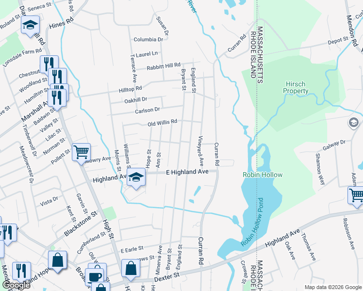 map of restaurants, bars, coffee shops, grocery stores, and more near 2 Packard Avenue in Cumberland