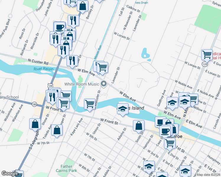 map of restaurants, bars, coffee shops, grocery stores, and more near 50 Virginia Drive in Monroe