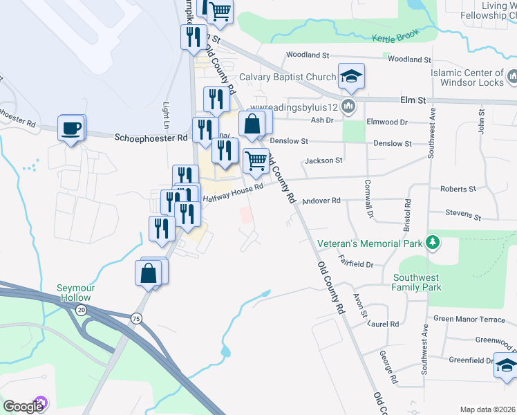 map of restaurants, bars, coffee shops, grocery stores, and more near 1 Concorde Way in Windsor Locks