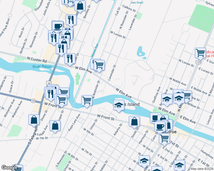 map of restaurants, bars, coffee shops, grocery stores, and more near 915 West Elm Avenue in Monroe