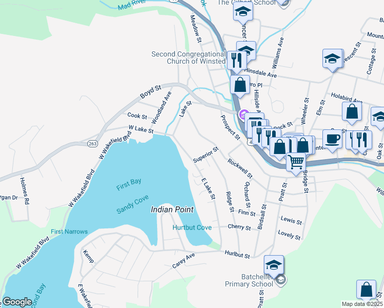 map of restaurants, bars, coffee shops, grocery stores, and more near 227 Rockwell Street in Winsted