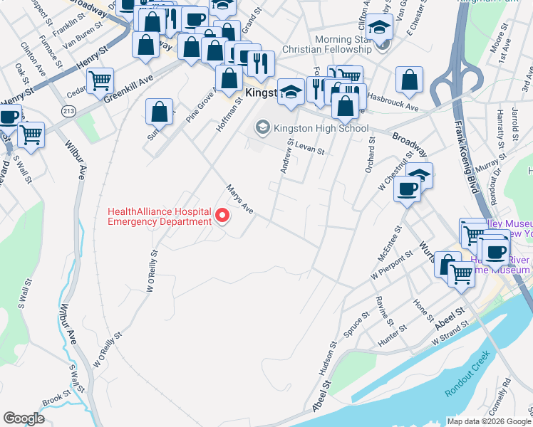 map of restaurants, bars, coffee shops, grocery stores, and more near 72 Marys Avenue in Kingston
