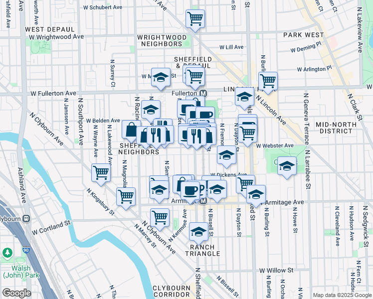 map of restaurants, bars, coffee shops, grocery stores, and more near 1010 West Webster Avenue in Chicago