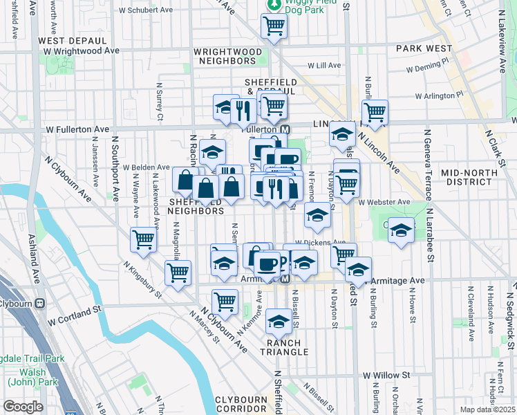 map of restaurants, bars, coffee shops, grocery stores, and more near 1010 West Webster Avenue in Chicago