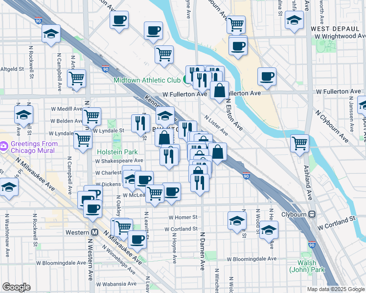 map of restaurants, bars, coffee shops, grocery stores, and more near 2218 North Seeley Avenue in Chicago