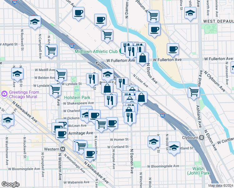 map of restaurants, bars, coffee shops, grocery stores, and more near 2218 North Seeley Avenue in Chicago