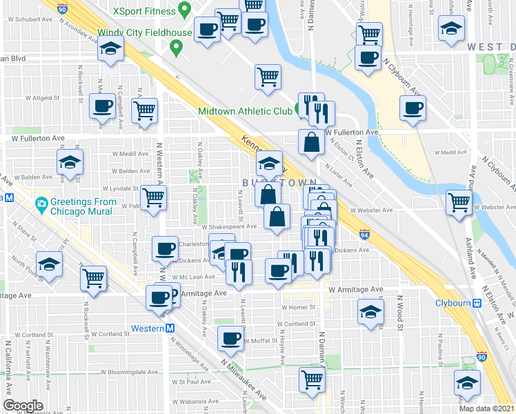 map of restaurants, bars, coffee shops, grocery stores, and more near in Chicago