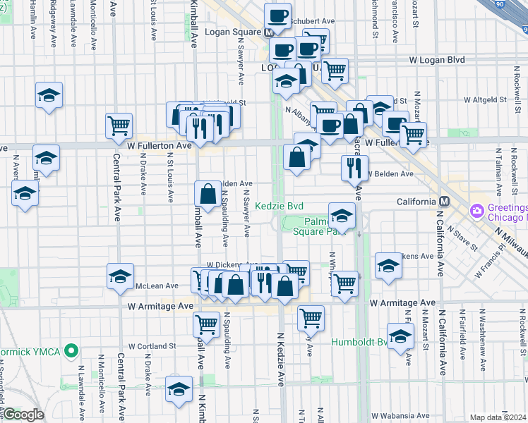 map of restaurants, bars, coffee shops, grocery stores, and more near 2228 North Kedzie Boulevard in Chicago