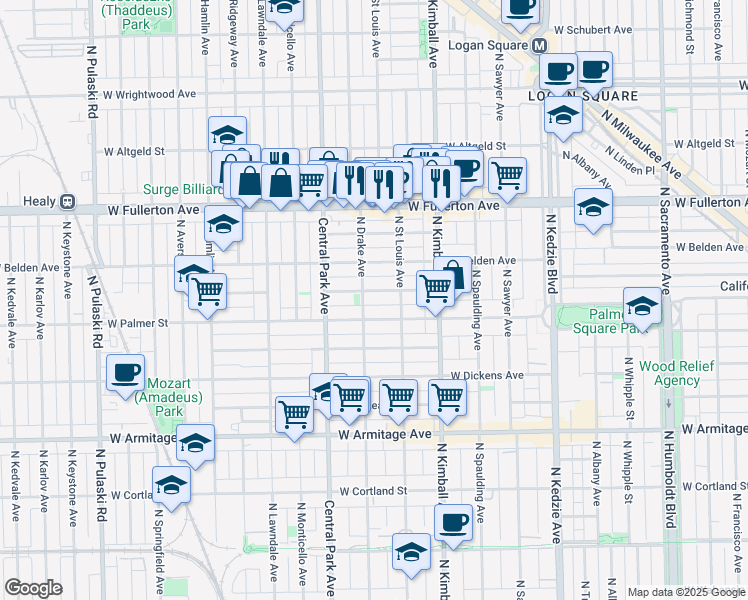 map of restaurants, bars, coffee shops, grocery stores, and more near 3546 West Lyndale Street in Chicago