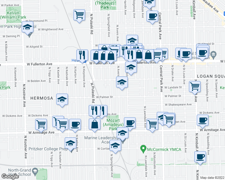 map of restaurants, bars, coffee shops, grocery stores, and more near 2236 North Springfield Avenue in Chicago