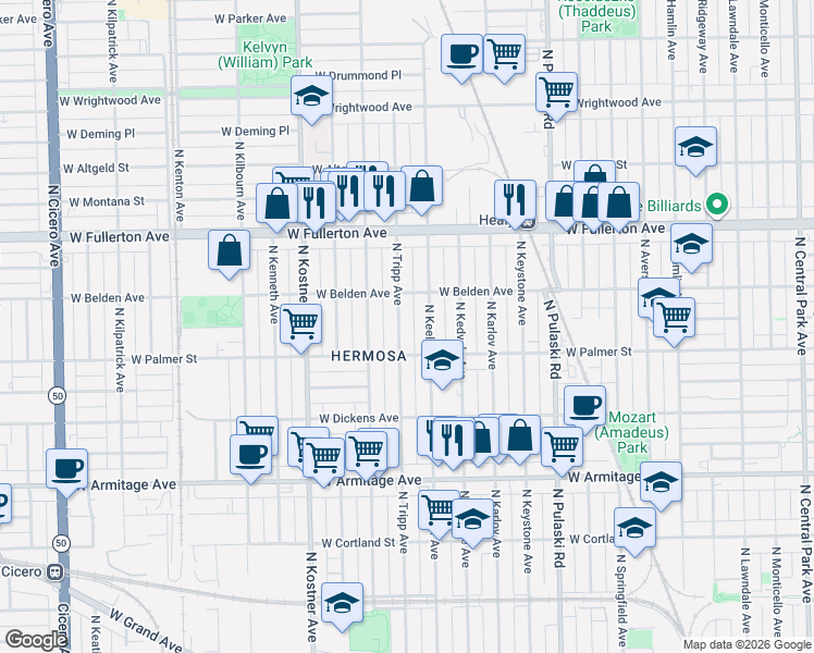 map of restaurants, bars, coffee shops, grocery stores, and more near 2242 North Keeler Avenue in Chicago