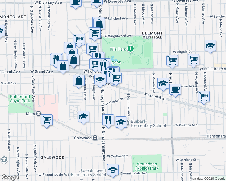 map of restaurants, bars, coffee shops, grocery stores, and more near 6337 West Grand Avenue in Chicago