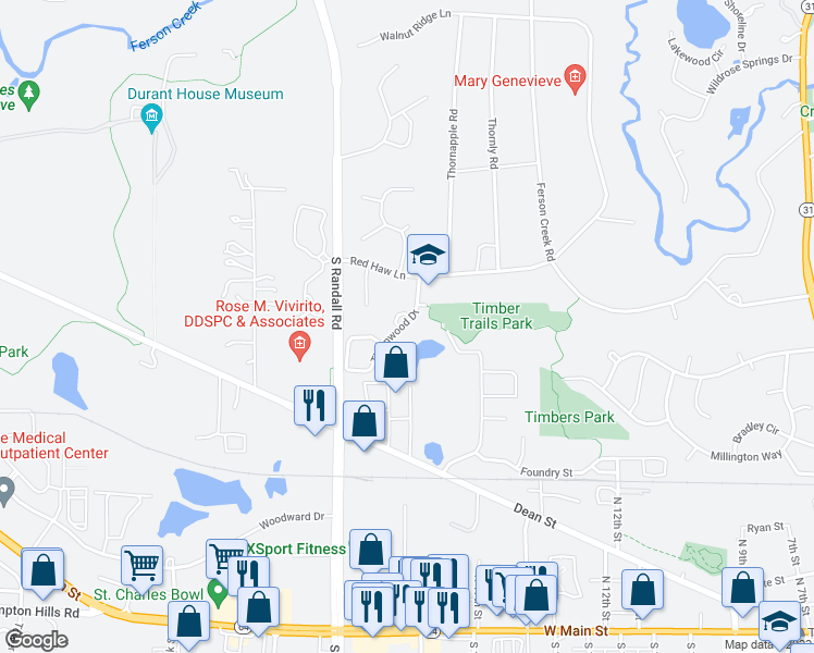 map of restaurants, bars, coffee shops, grocery stores, and more near 908 Thornwood Drive in St. Charles