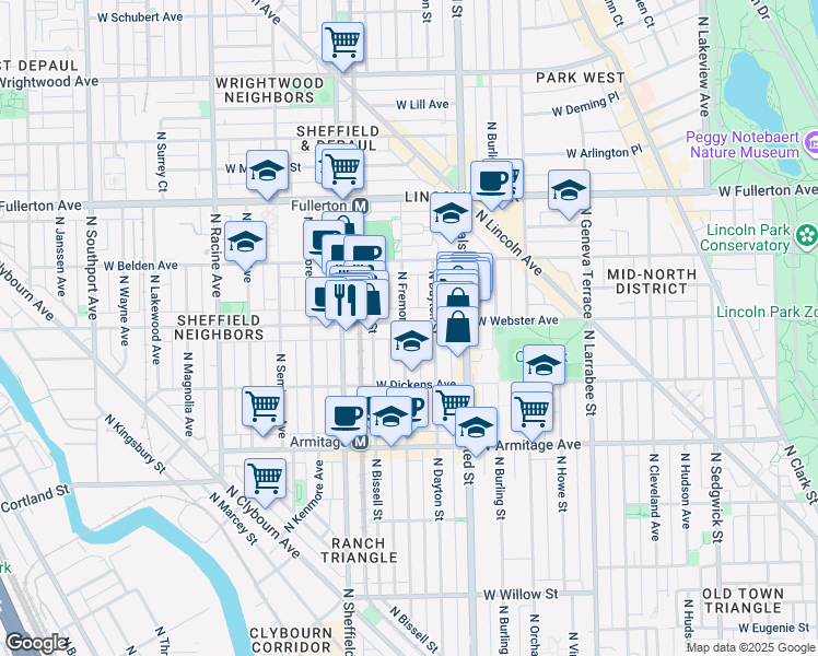 map of restaurants, bars, coffee shops, grocery stores, and more near 2200 North Fremont Street in Chicago