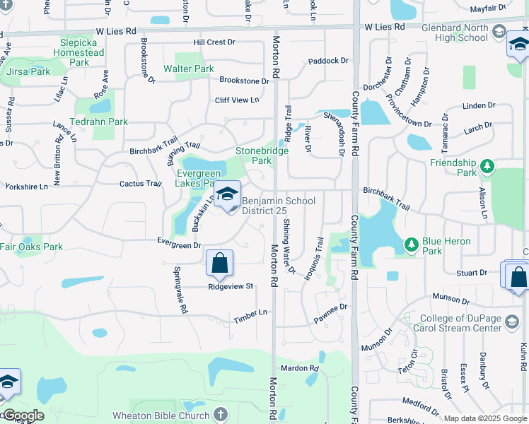 map of restaurants, bars, coffee shops, grocery stores, and more near 1029 Evergreen Drive in Carol Stream