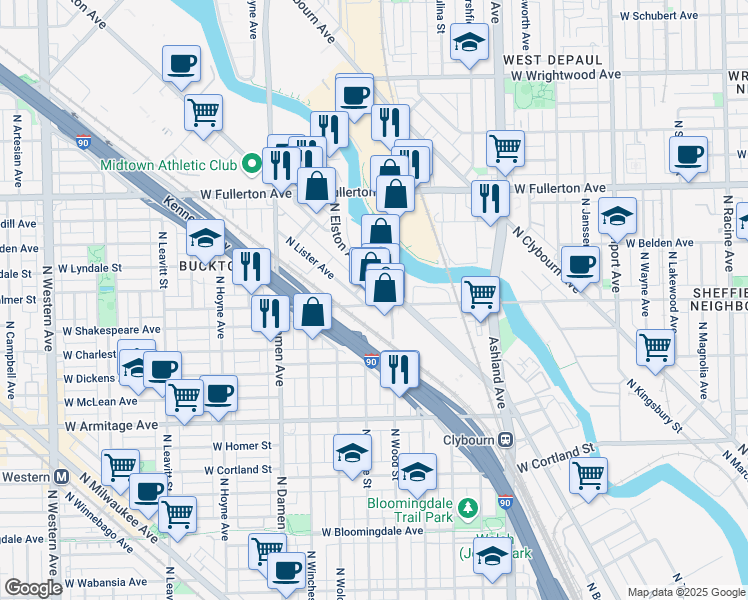 map of restaurants, bars, coffee shops, grocery stores, and more near 2224 North Elston Avenue in Chicago