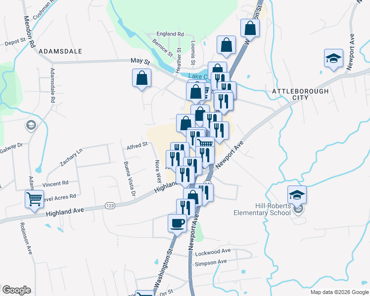 map of restaurants, bars, coffee shops, grocery stores, and more near 275 Washington Street in Attleboro