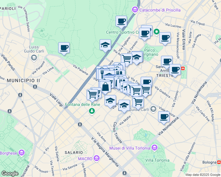 map of restaurants, bars, coffee shops, grocery stores, and more near 62 Via Chiana in Roma