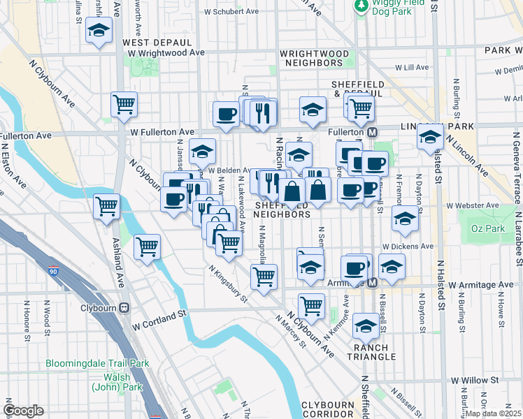 map of restaurants, bars, coffee shops, grocery stores, and more near North Magnolia Avenue & West Webster Avenue in Chicago