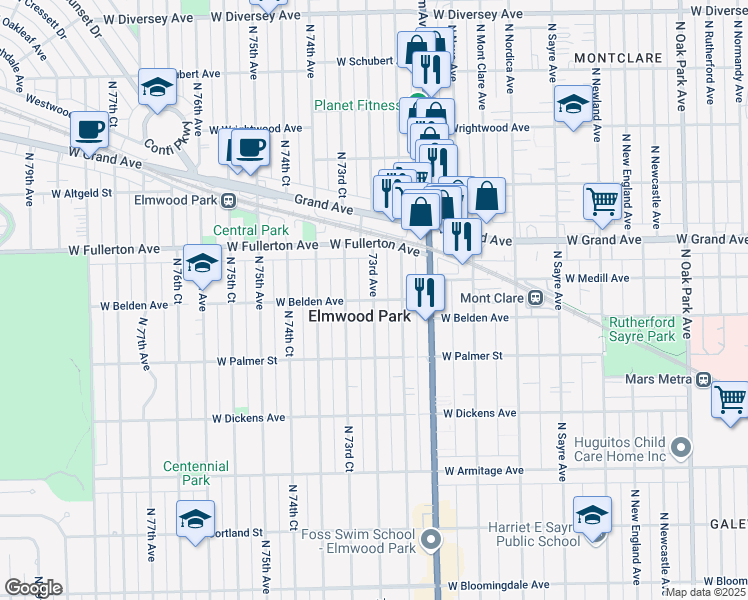 map of restaurants, bars, coffee shops, grocery stores, and more near 7298 West Belden Avenue in Elmwood Park