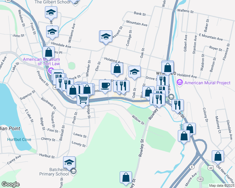 map of restaurants, bars, coffee shops, grocery stores, and more near 266 Main Street in Winsted