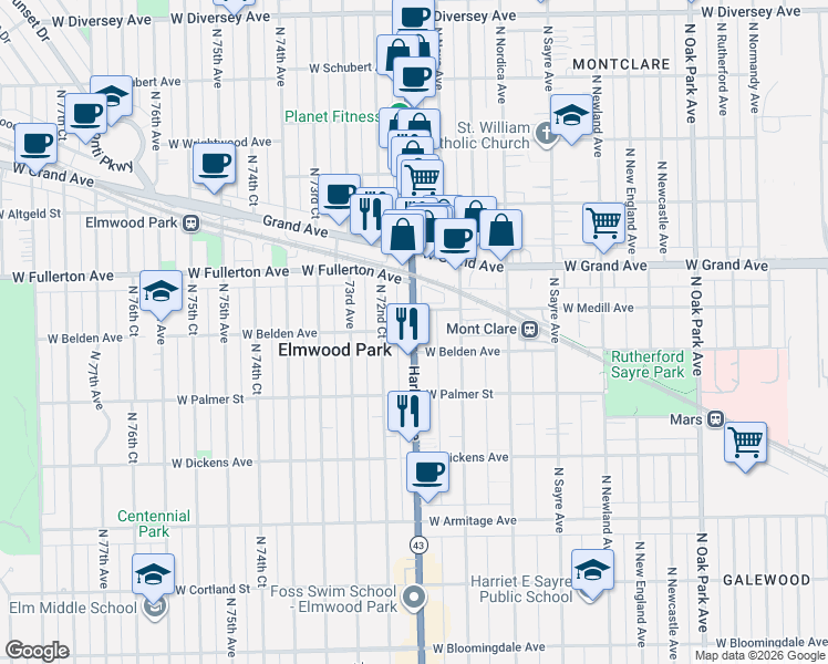 map of restaurants, bars, coffee shops, grocery stores, and more near 2305 Harlem Avenue in Chicago