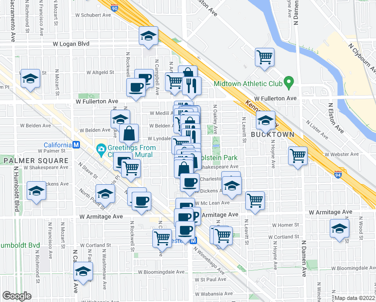 map of restaurants, bars, coffee shops, grocery stores, and more near N Western Ave & W Palmer St in Chicago