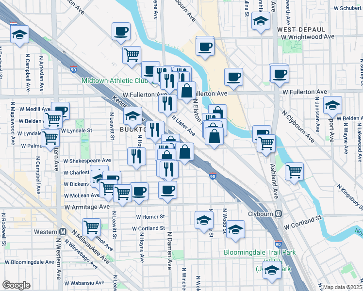 map of restaurants, bars, coffee shops, grocery stores, and more near 1363 West Webster Avenue in Chicago