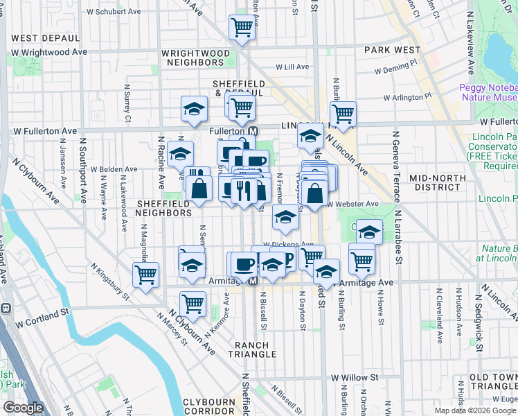 map of restaurants, bars, coffee shops, grocery stores, and more near 935 West Webster Avenue in Chicago