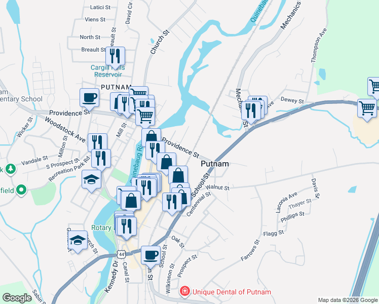 map of restaurants, bars, coffee shops, grocery stores, and more near 35 Providence Street in Putnam
