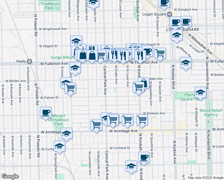 map of restaurants, bars, coffee shops, grocery stores, and more near 3546 West Lyndale Street in Chicago